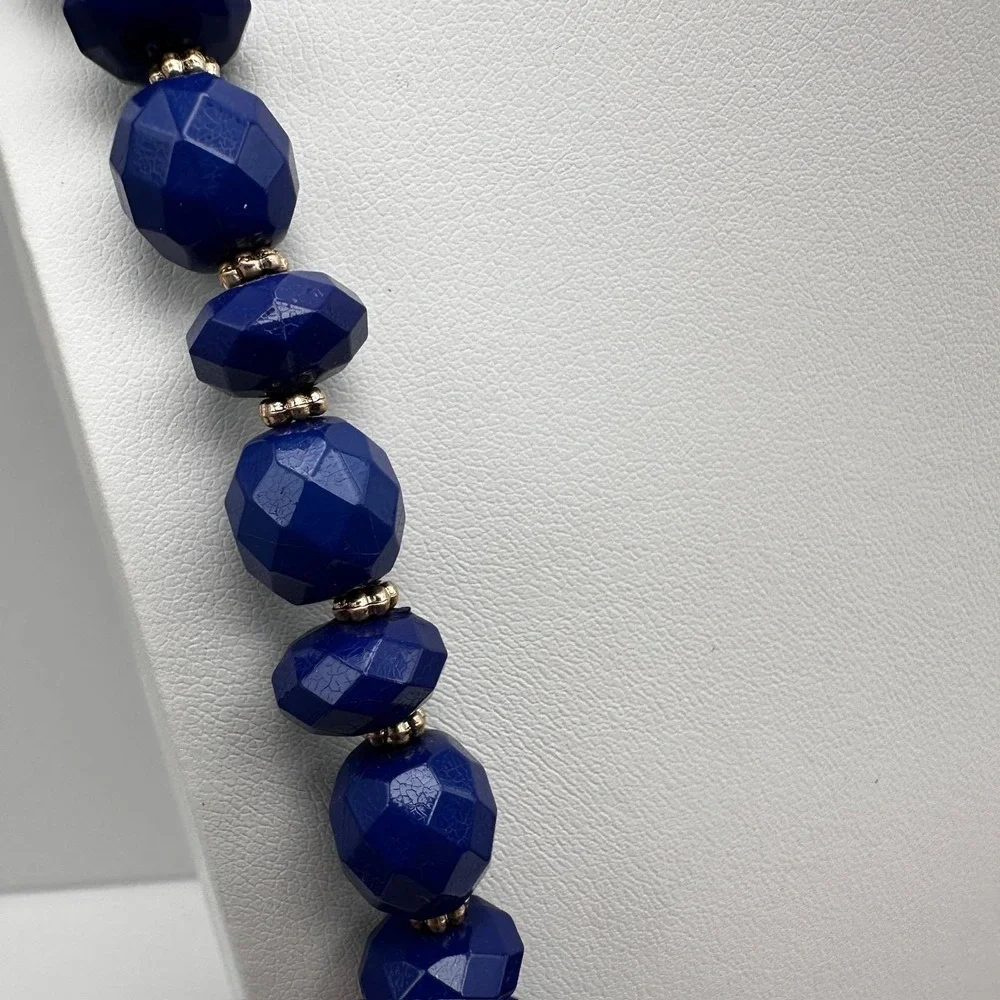 Vintage 90s Gold Tone Blue Faceted Beaded Statement Necklace Women's Jewelry Y2K